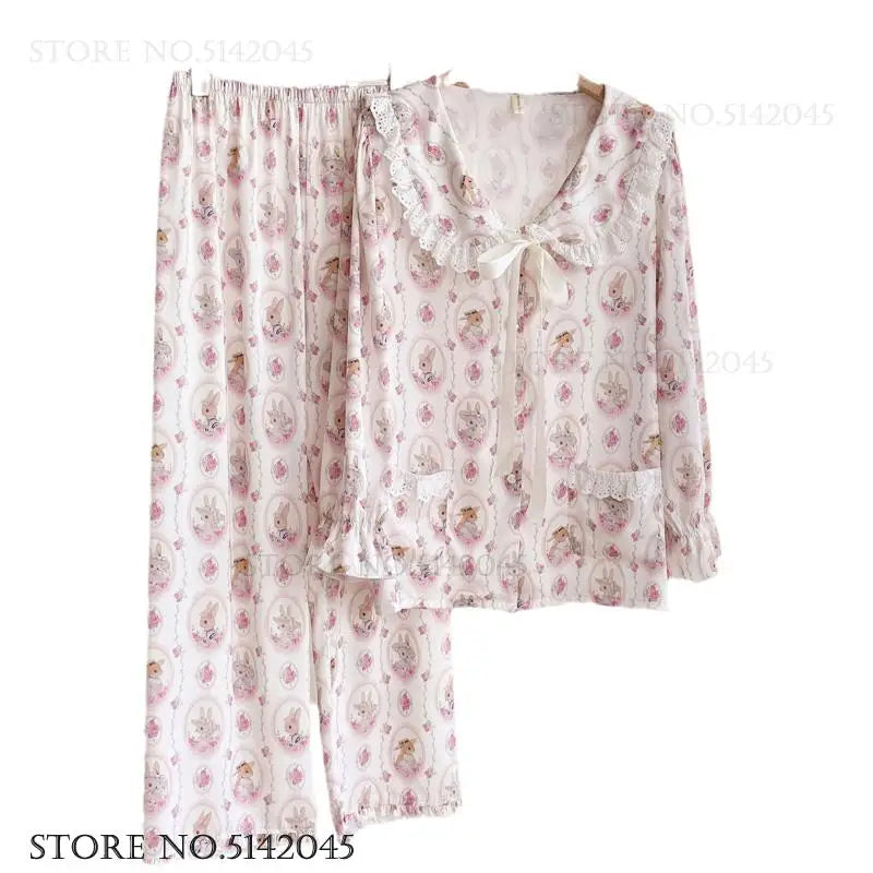 Long Sleeve 2PCS Pjs Trouser Suits Sweet Cute Print Cartoon Sleepwear Pyjama Pour Femme Spring Autumn New Satin Home Clothes