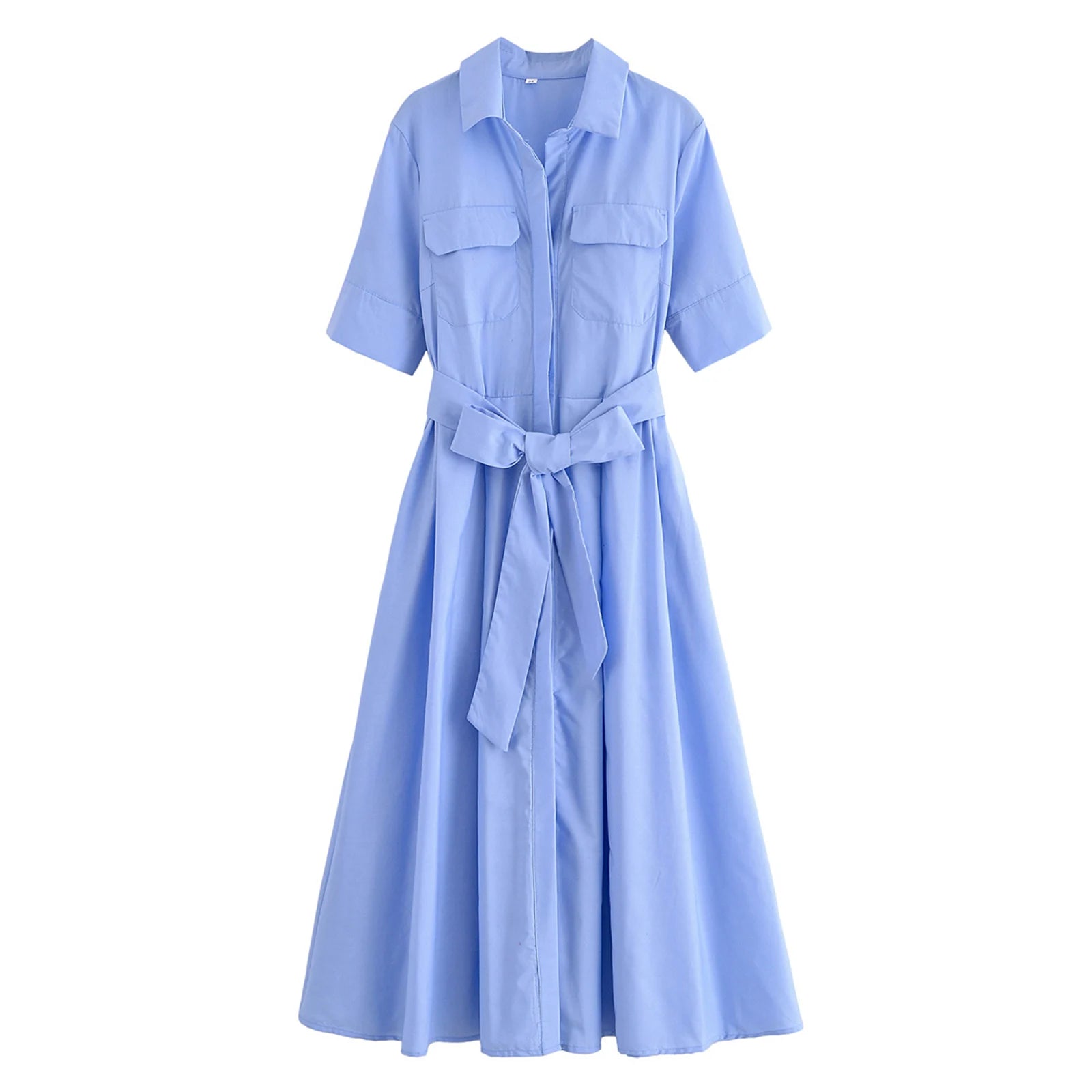 HH Women Summer Lapel Short Sleeve Pocket Single-Breasted Belt Decorate Midi Dress Female Fashion Shirt Style Pleated Dress