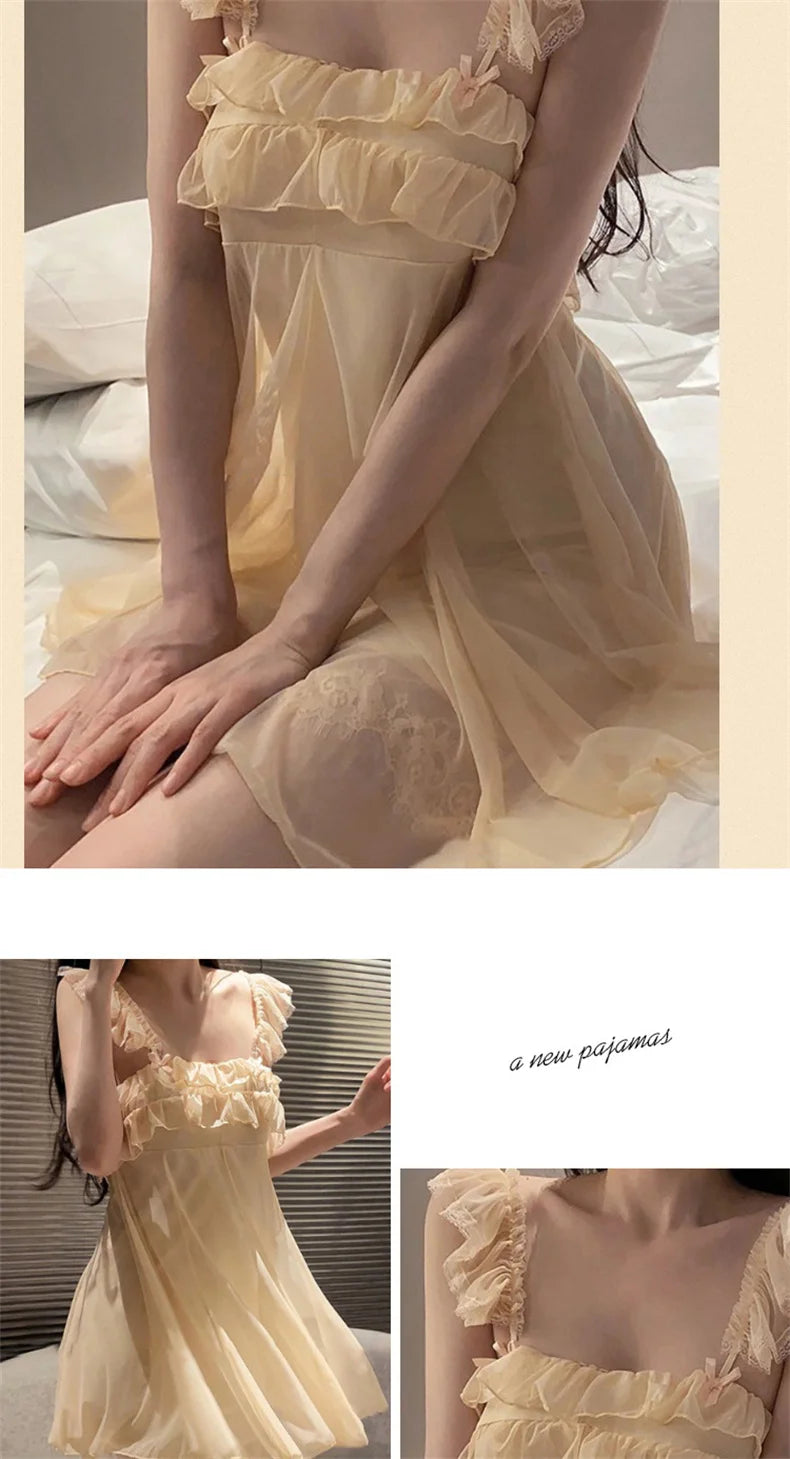Spring Nightdress Women  Lace Sweet Nightgown Home Dress Pajamas Summer Girl Princess Style Soft Sleepwear Nightwear Outwear