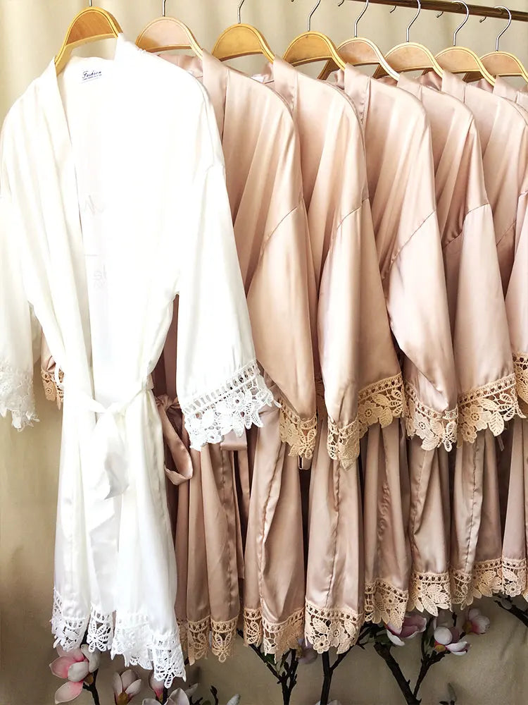 Personalized Name Dressing Gown Bride Kimono Silk bridesmaid Gowns Custom Wedding Nightgown Bachelorette Party Floral Trim Robes