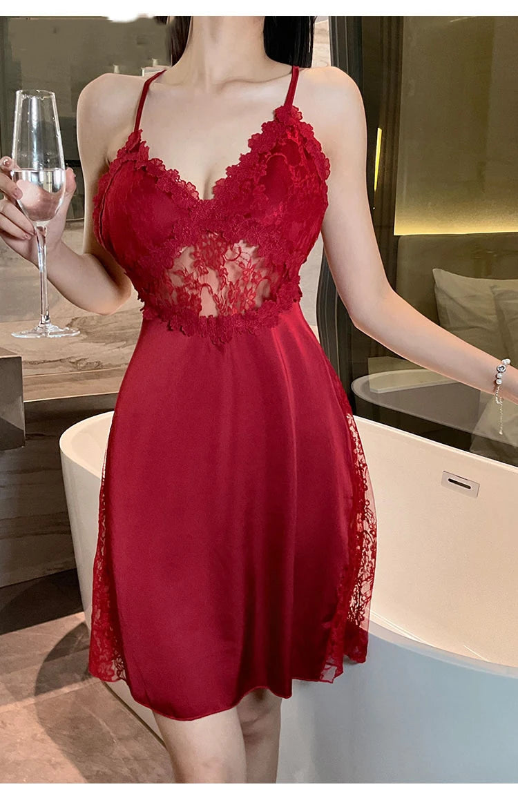 2025 new sexy camisole nightgown women's lace home sleepwear satin deep V backless luxury camisole sleepwear plus size red black