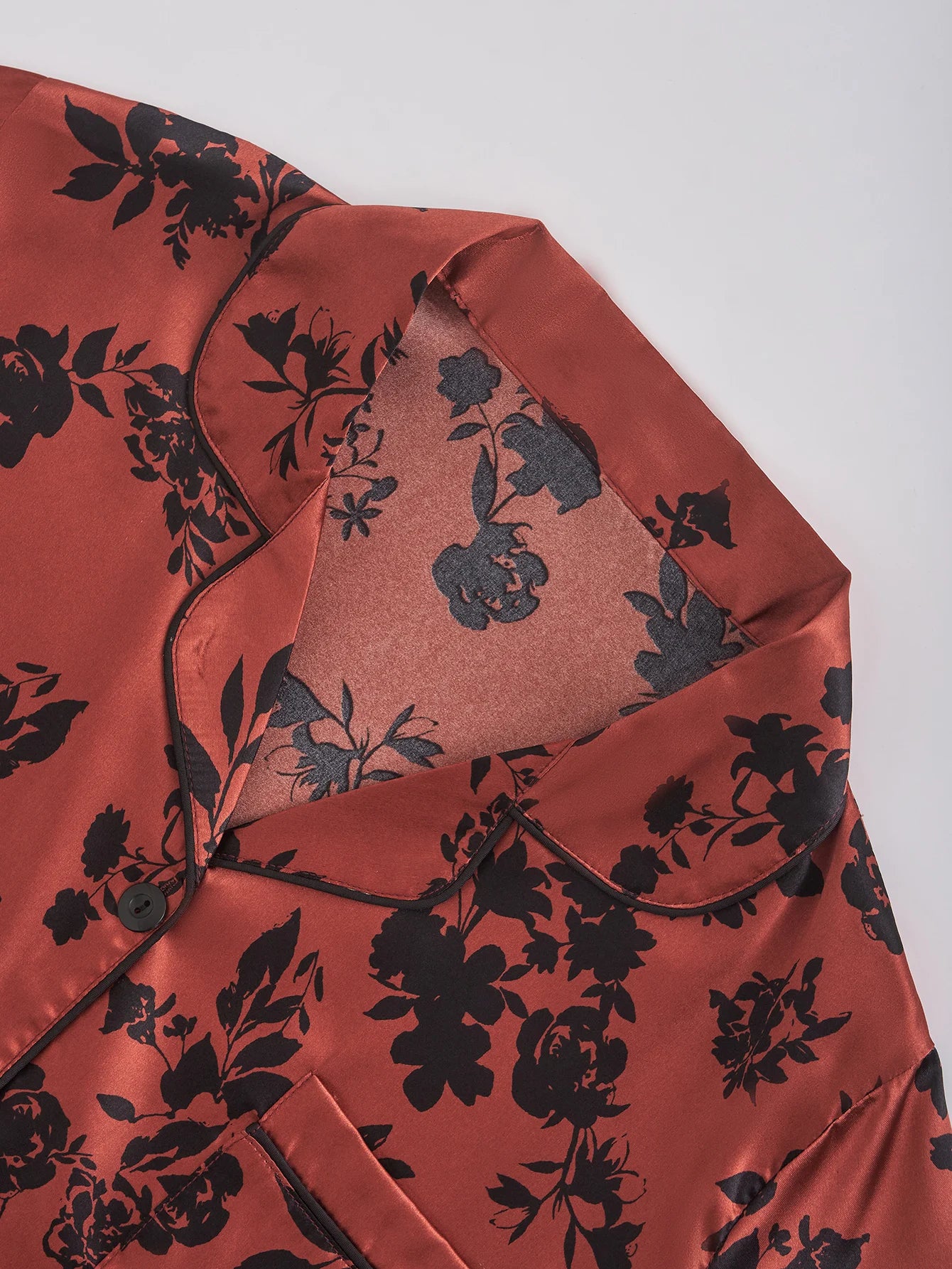 Women Satin Pajama Set Red Black Floral Print Short Sleeve Top & Long Pants Sleepwear Luxury Silk Like Nightwear Loungewear