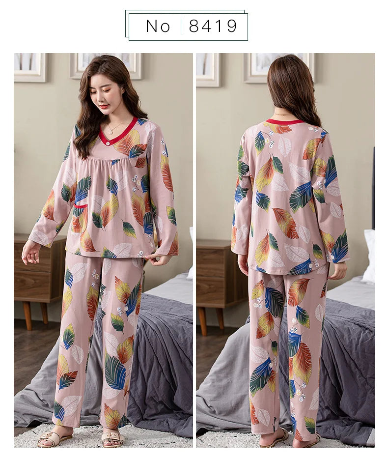 Pajamas Sets Women Floral Cotton Fashion Lace Women Long Sleeve Sleepwear Suit 2 piece Sexy Autumn Home Lounge Gift XXXXL