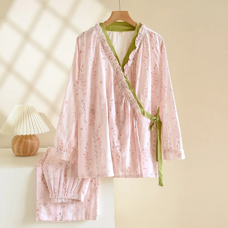 Japanese Kimono Style Pajama Set Women Ruffle V Neck 100% Cotton Crepe Loungewear Breathable Floral Sleepwear for Spring