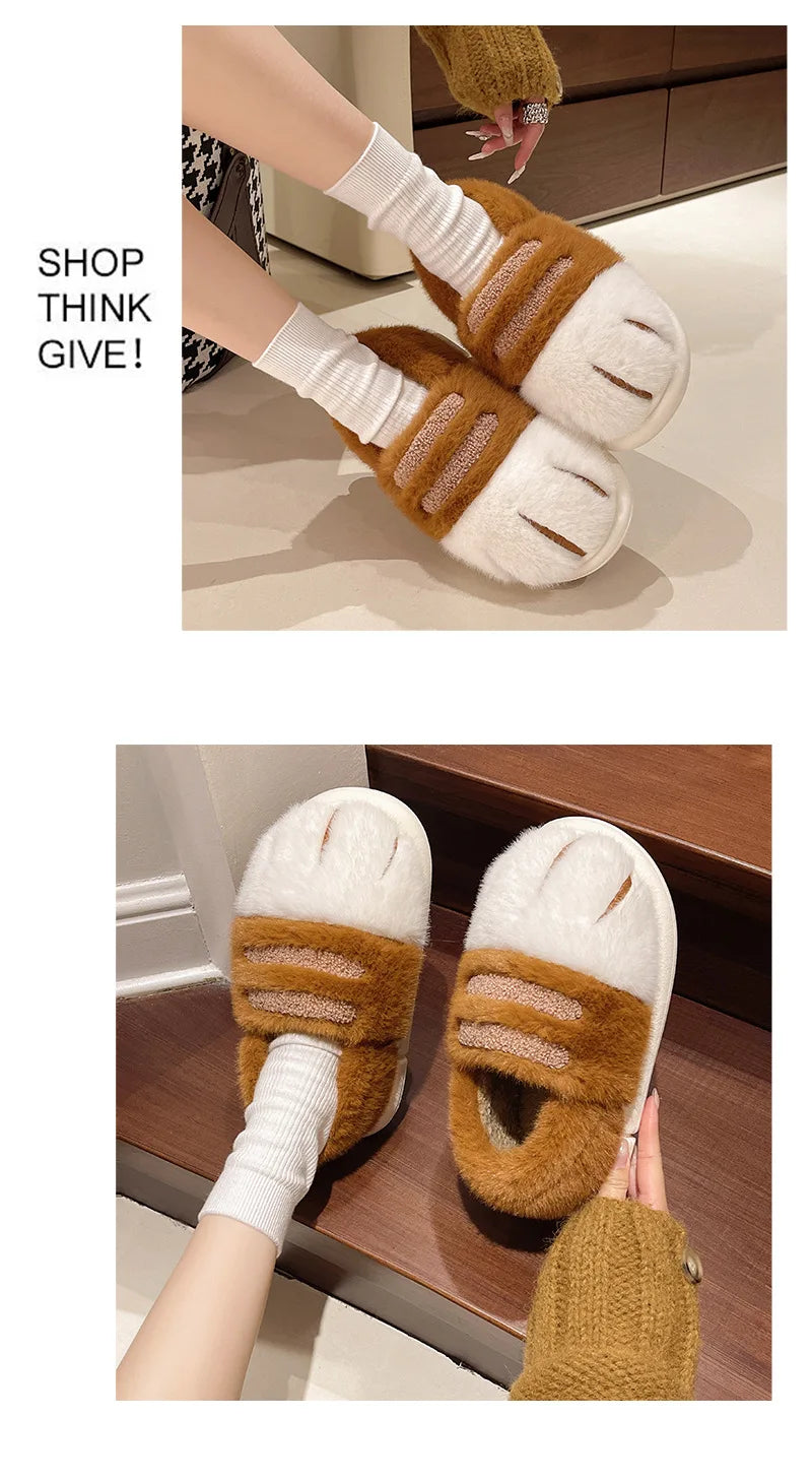 New Adorable Kitty Claw Slippers Women's Home Shoes Non Slip Furry Mules Female Fashion Warm Fluffy Slides Outdoor Cat Slippers