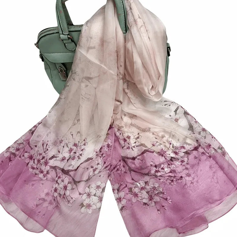 Lightweight Large 100% Mulberry Silk Scarf for Women Oblong Shawl Neck Scarf Beach Wrap Headscarf Gift Pack Pink Floral Print