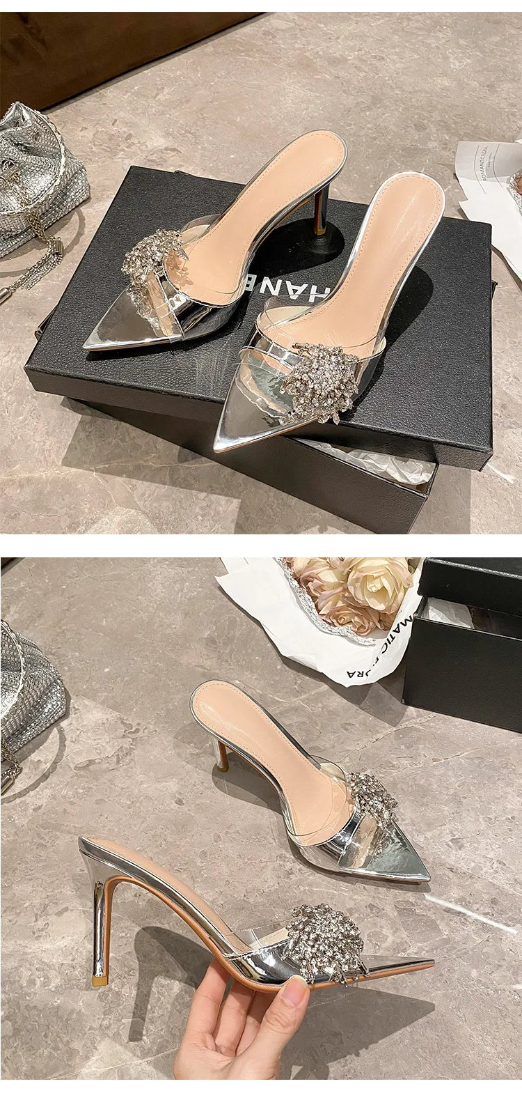 Sexy lady 2026 Diamond-Encrusted Pointed-Toe Mules Women's Sandals Transparent High Heels Sexy Thin Heel Versatile Slipperss