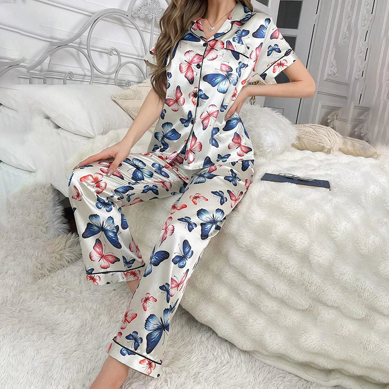 Women Pajamas Sets Spring Short Sleeve Satin Button-Down Top with Pants 2 Piece Pajama Set Sleepwear Pj Set Homewear Loungewear