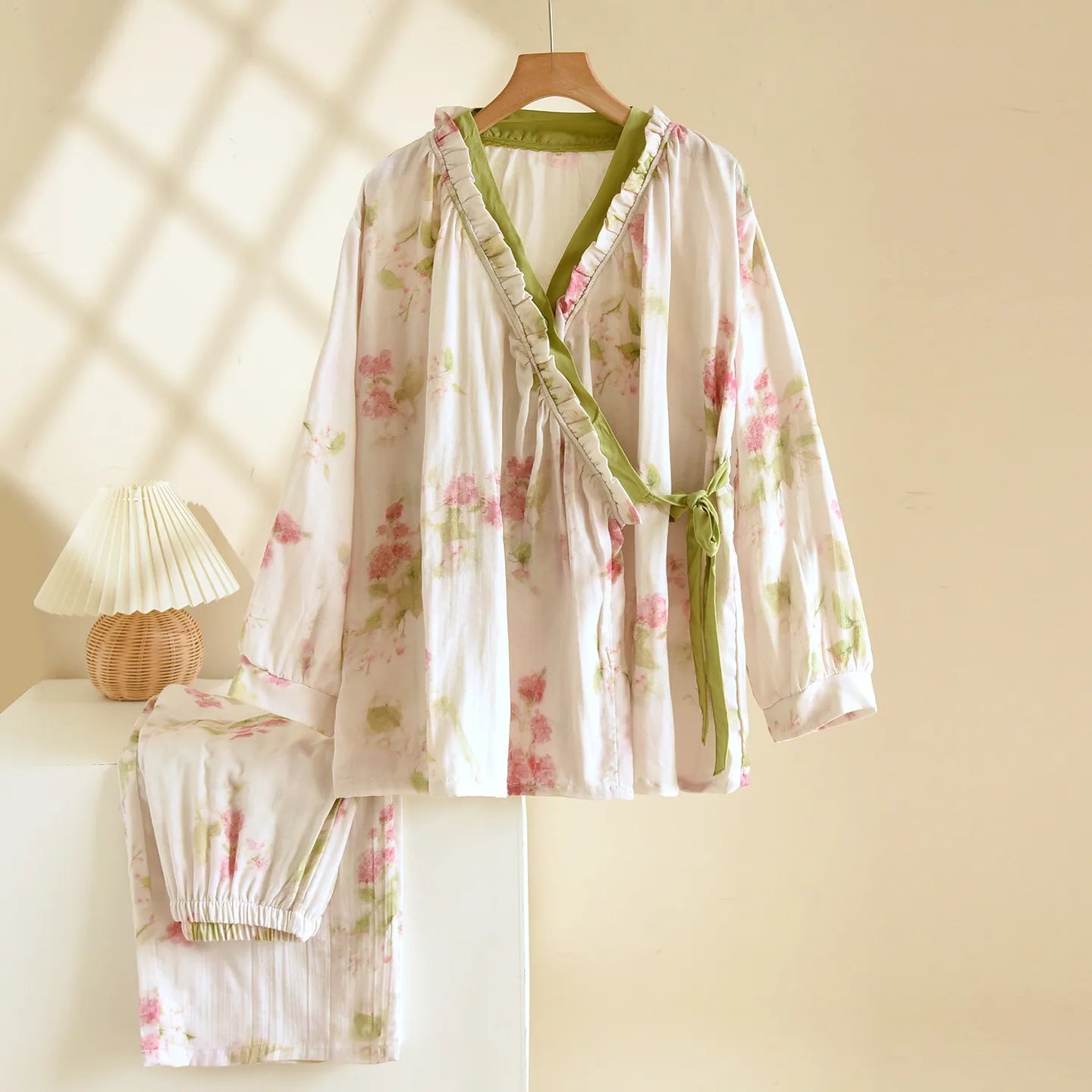 Japanese Kimono Style Pajama Set Women Ruffle V Neck 100% Cotton Crepe Loungewear Breathable Floral Sleepwear for Spring