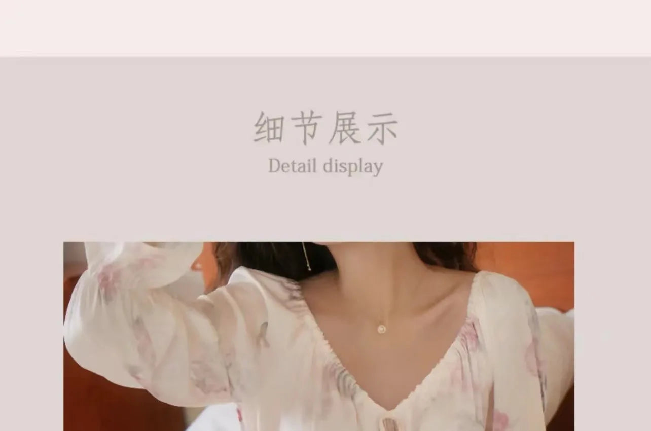 Floral Print Women Nightgown Summer Lace Patchwork Ice Silk Ladies Night Dress Long Sleeve Sexy Lace Up Nightdress for Female