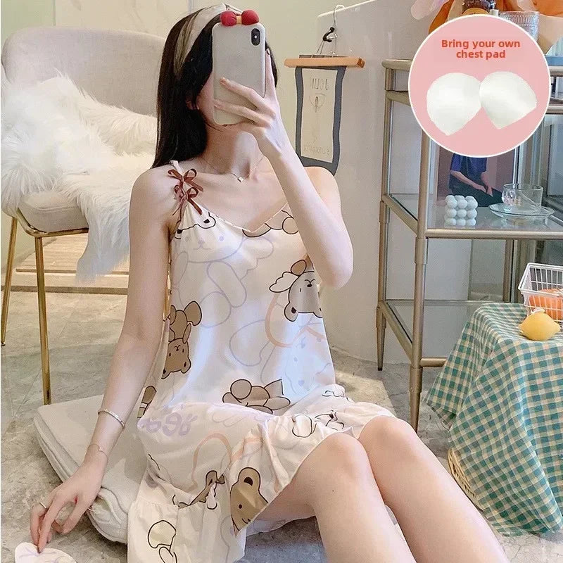 New with Bra Pad, Free Eye Mask, Sling, Loose and Cute Cartoon Animal Pajamas, Nightgown Role-playing Sleepwear Women