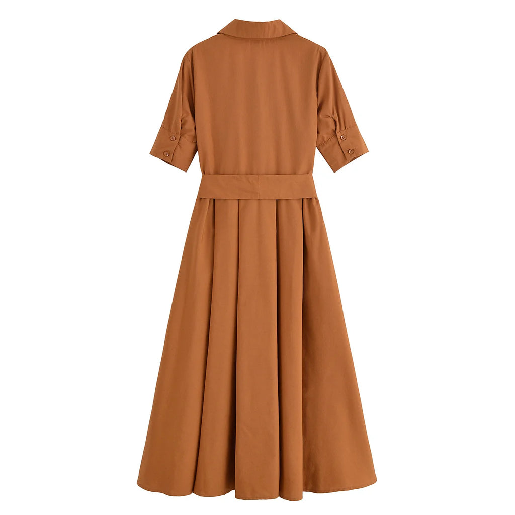 HH Women Summer Lapel Short Sleeve Pocket Single-Breasted Belt Decorate Midi Dress Female Fashion Shirt Style Pleated Dress