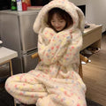 Rabbit Ears Onesie Pajamas Girl's Coral Fleece Thickened Sweet Hooded Nightgown Women's Homewear Long Sleeve Homeclothes Winter