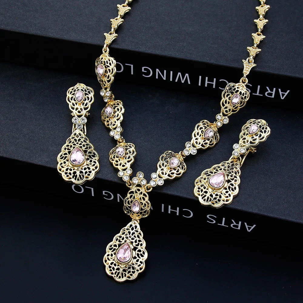 Sunspicems Moroccco Women Jewelry Set Gold Color Crystal Necklace Earring Set Algeria Wedding Jewelry Bride Drop Earring Choker