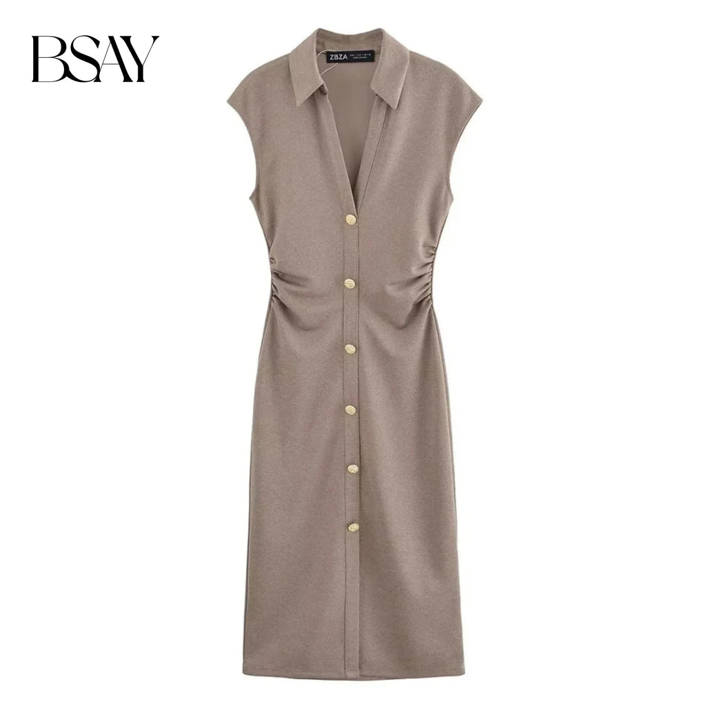 BSAY Dress for Women Fashion Summer New Fold Sleeveless V-neck Single Breasted Midi Dresses French Chic Female Evening Clothing