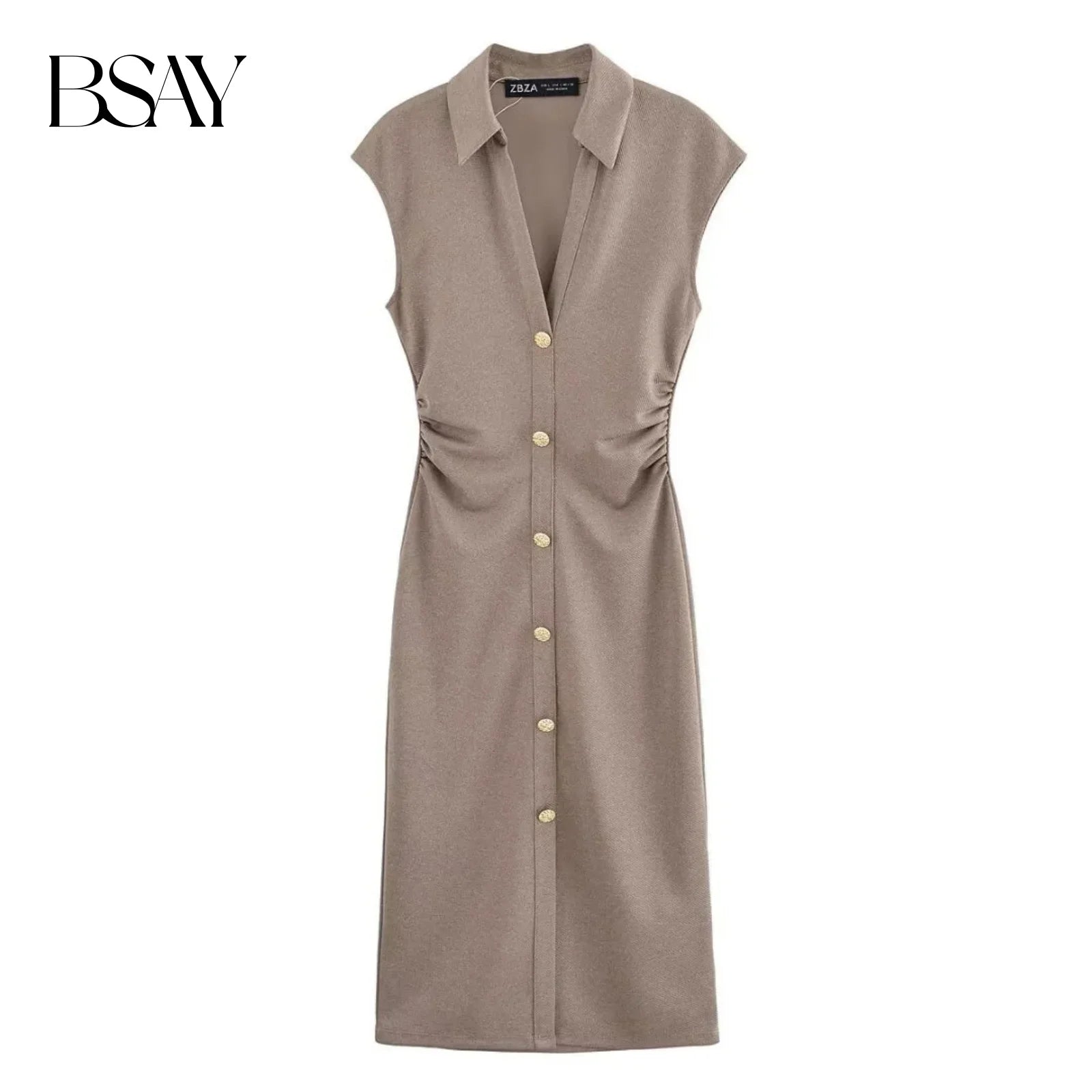 BSAY Dress for Women Fashion Summer New Fold Sleeveless V-neck Single Breasted Midi Dresses French Chic Female Evening Clothing
