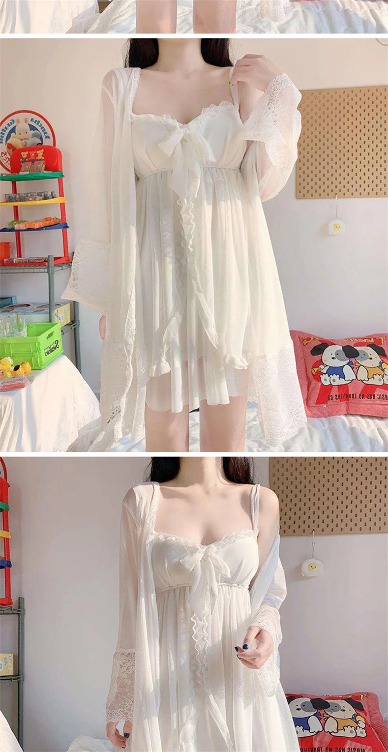 Elegant Sweet Simple Solid White Women Robe Gown Sets Chic Lace Bow Mesh  Sleepwear Breathable Slim Nightdress