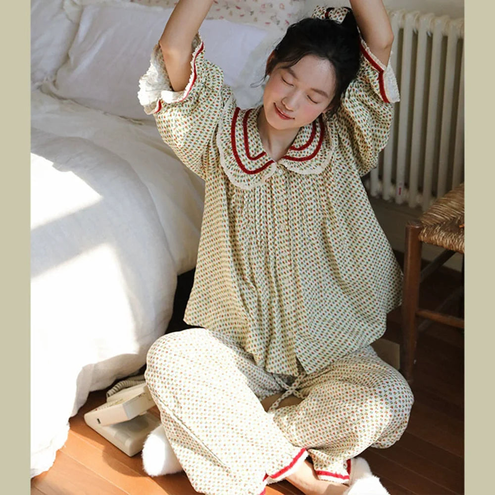 2026 new 100% cotton sweet rose floral printing home wear set princess women loose 2 pieces pajamas sets for spring summer