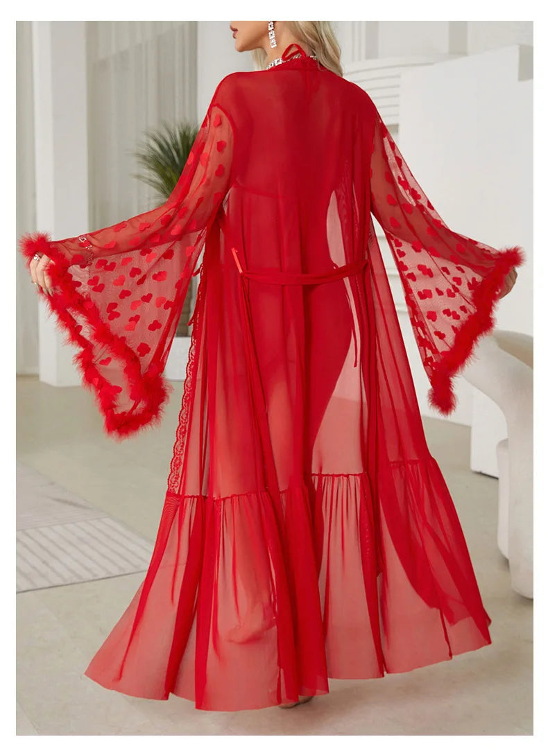 Sexy Bride Wedding Dress Soft Mesh Lace Flower Robe Long Kimono Nightwear Loose Bathrobe Feather Trim Big Sleeve Nightgown