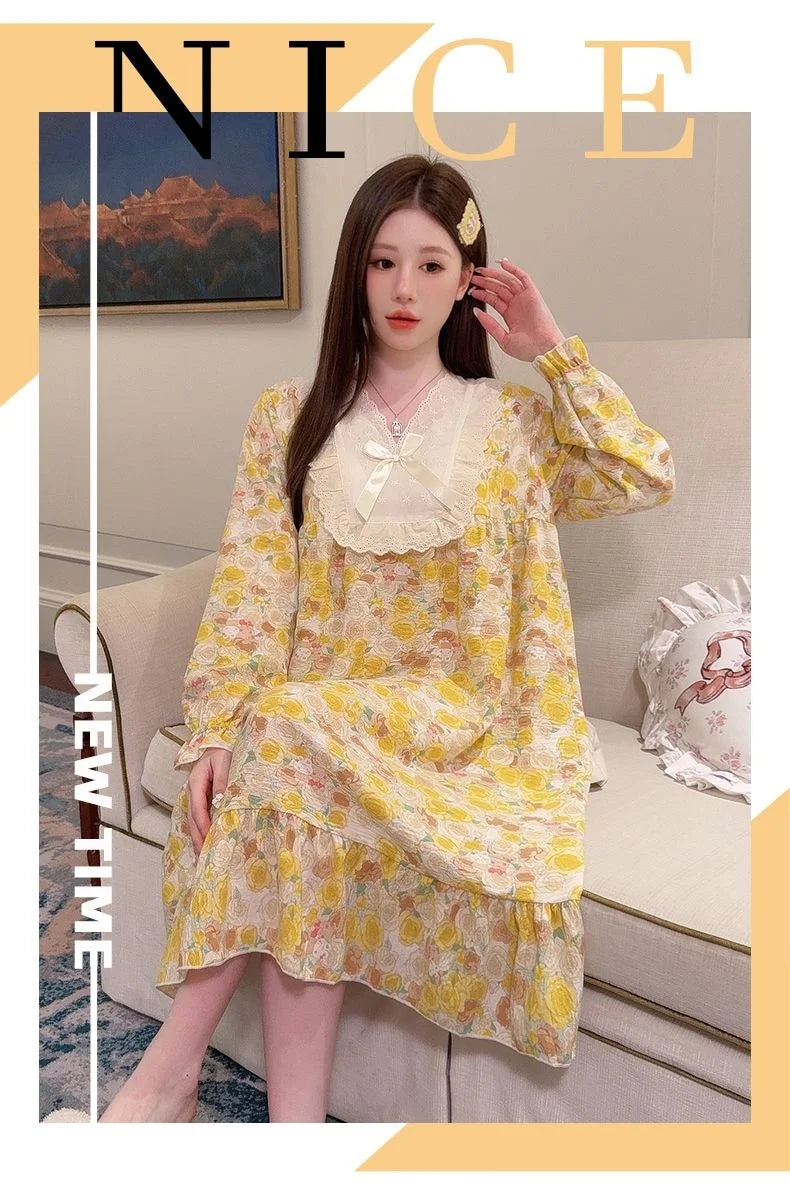 2026 Comfy Long Sleeve Home Dress, Women's Floral Print Loungewear for Spring Autumn, Oversize Sweet Korean Style