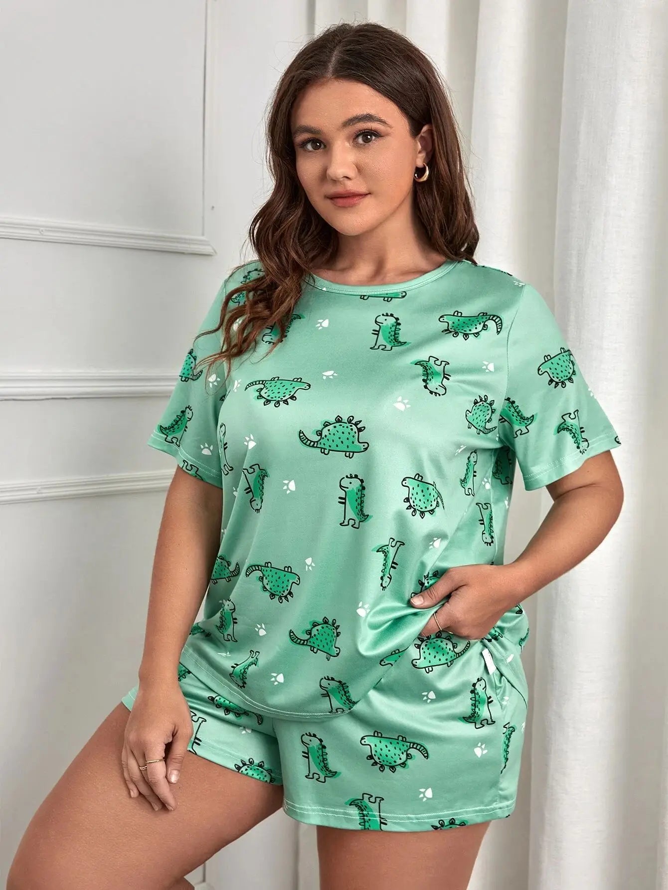 5XL Plus Size Women Pajama Set Print Sleepwear Short Sleeve Top with Shorts Summer Comfy Sleepwear 2 Pieces Loose Home Clothes