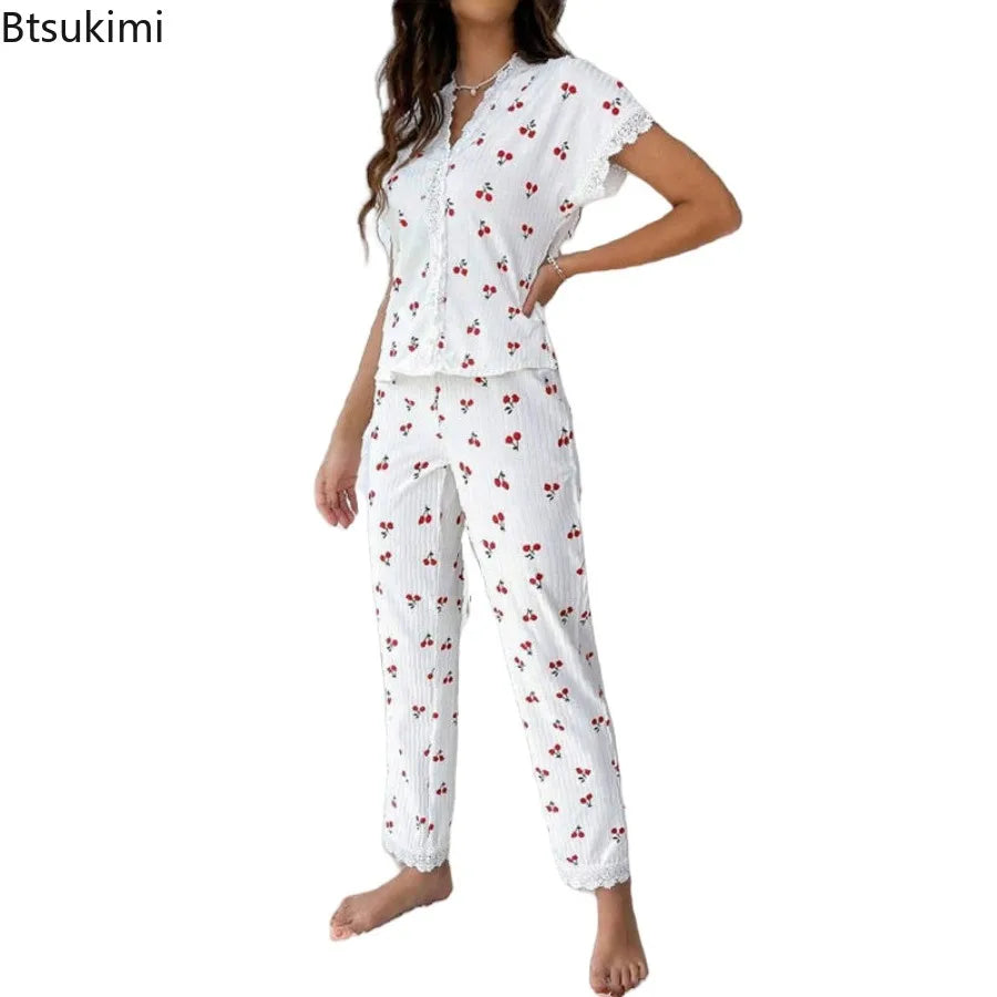 Lace Trim Women Pajama Set Short Sleeve Front Button Top & Full-Length Pants Cherry Print 2 Pieces Sleepwear Nightwear Homewear
