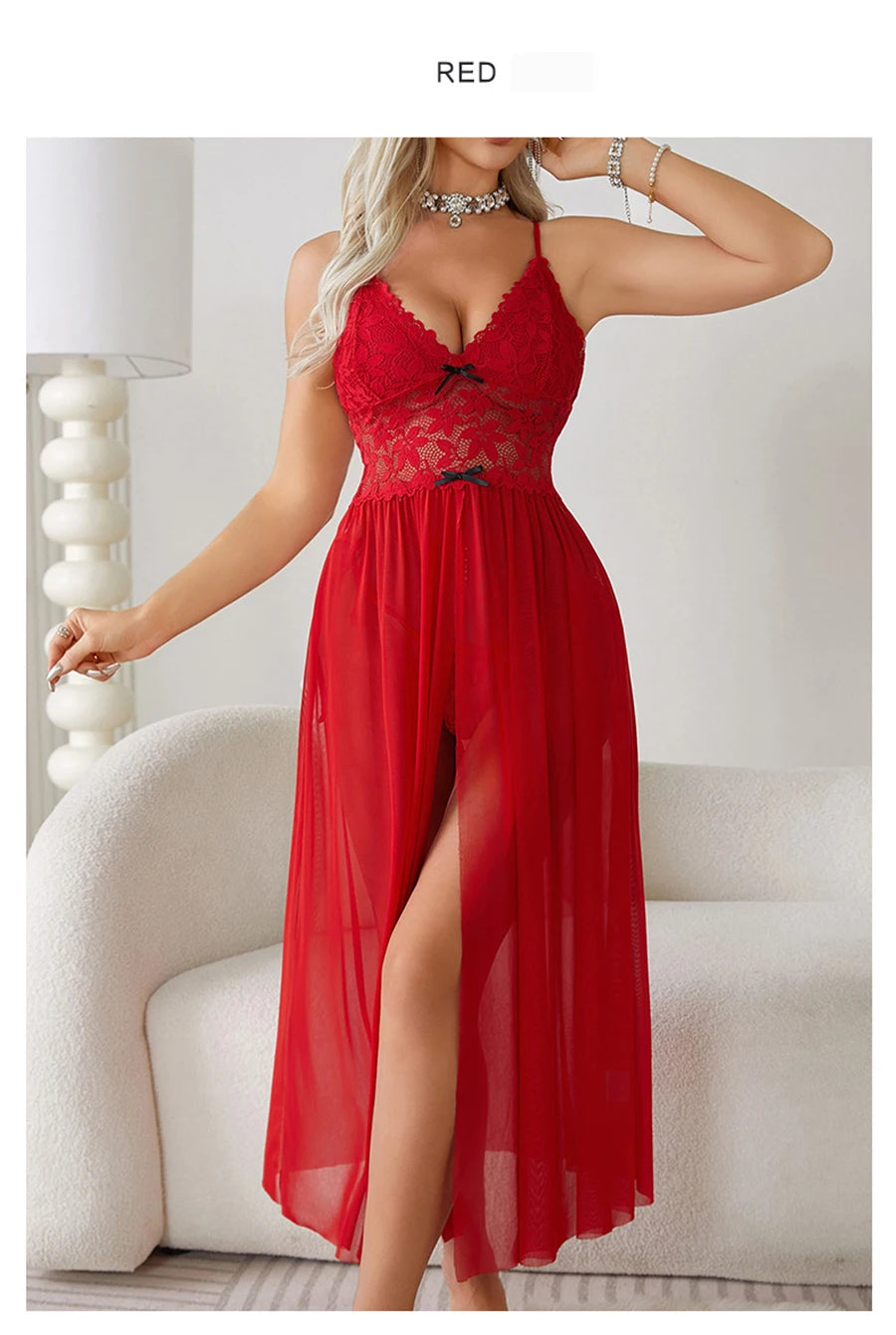 Women Sexy Floral Lace Mesh Nightgown V-Neck Sleeveless High Slit Backless Slip Dress with Bowknot Suspender Lingerie Sleepwear