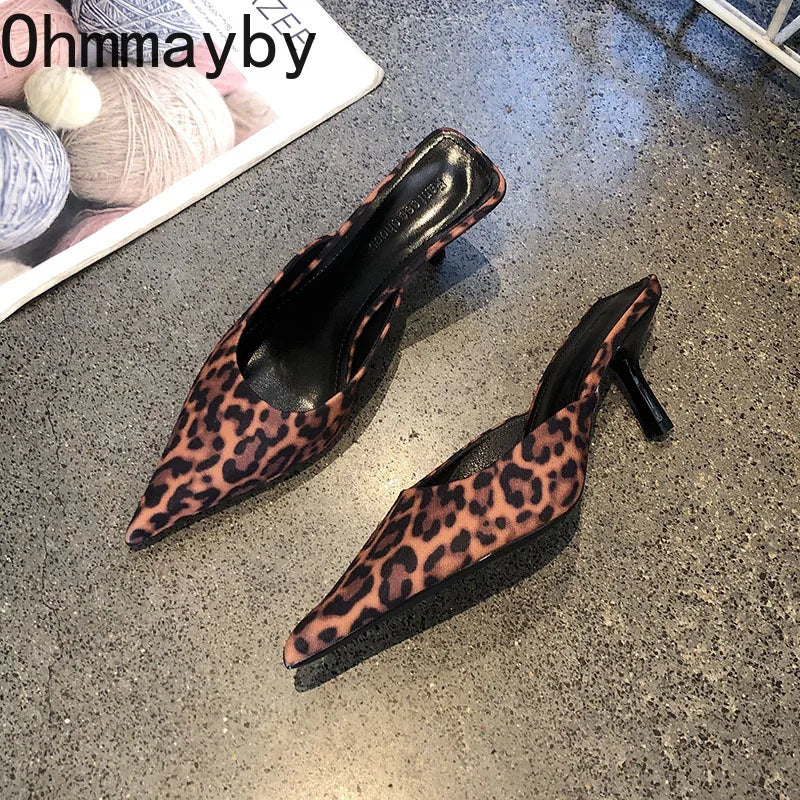 Spring Summer Women Pointed Toe High Heel Slippers Fashion Leopard Print Mules Slide Ladies Evening Party Dress Sandalias