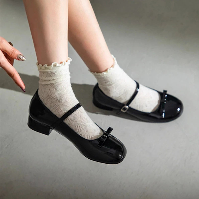 Wine-red Mary Jane Thick-cut Single-shoe Women's 2025 Summer New Butterfly Wedding Shoes Round Toe Small Shoe