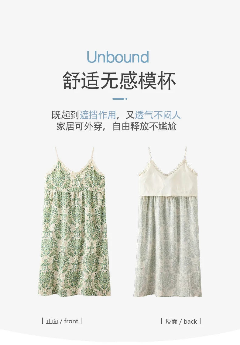 Summer Women Sleeveless Nightdress With Chest Pad Femme Knited Cotton Nightwear Floral Sling Sleepdress