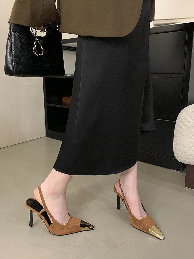 Liyke Sexy Slingback Sandal Female Design Metal Pointed Toe Stiletto High Heels Party Prom Shoes Women Pumps Zapatos Mujer
