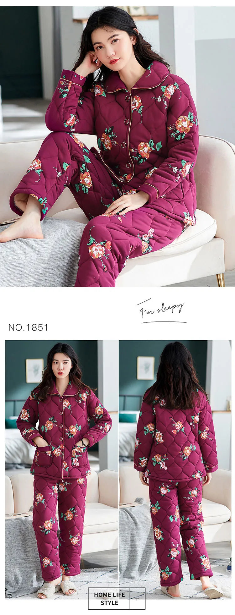 Winter three layer thick keep warm quilted jacket women's pajamas floral pijamas inverno M-XXXL sleepwear