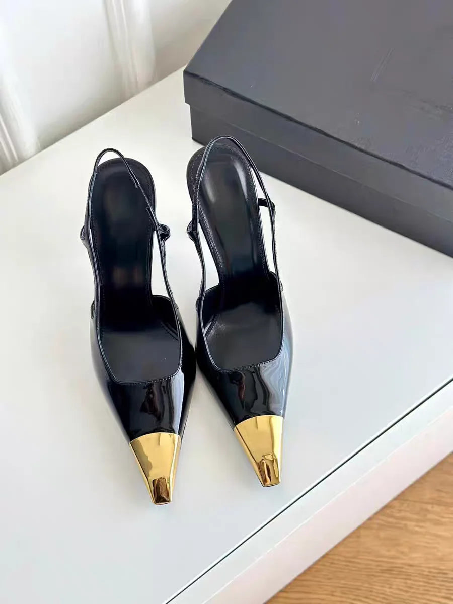 New Summer Women's High-heeled Sandals Gold Iron Head Patent Leather Black Stiletto Square Head Closed Toe Sling Back Shoes