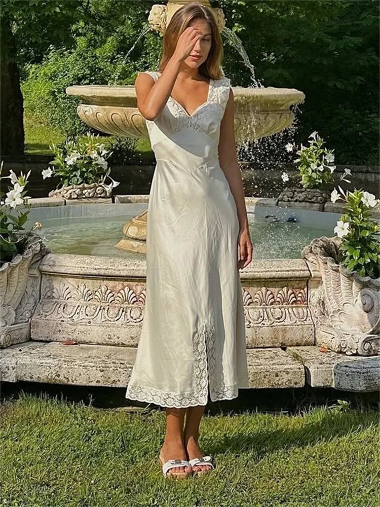 Tossy Fashion Satin Lace Long Dress Women V-Neck Patchwork Hollow Out Sleeveless Lace-Up Dress Evening Female Autumn Maxi Dress