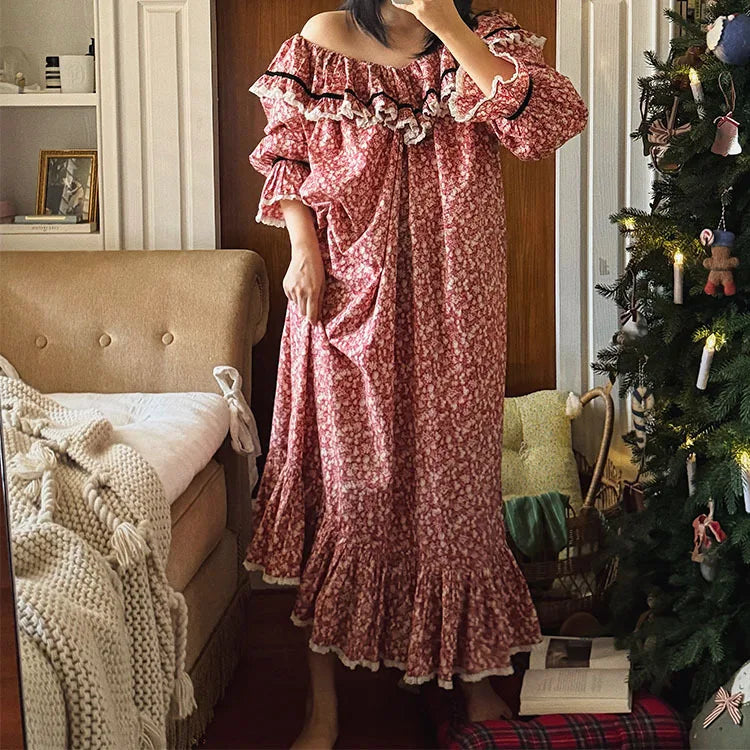 100% Pure Cotton Nightgown Women 2026 New Arrival Spring Summer French Retro Sweet Flower Printed Nightdress Loungewear