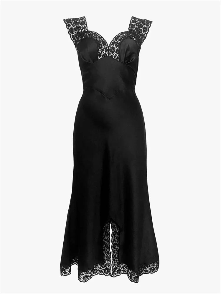 Tossy Fashion Satin Lace Long Dress Women V-Neck Patchwork Hollow Out Sleeveless Lace-Up Dress Evening Female Autumn Maxi Dress