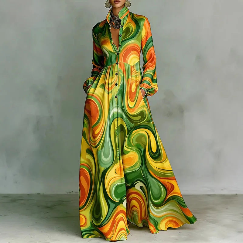 Retro Pattern Print High Waist Pleated Dress Woman Spring Shirt Collar Button Pockets Maxi Dress Long Sleeve Boho Vacation Dress
