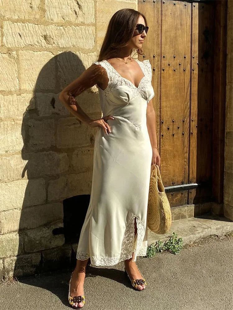 Tossy Fashion Satin Lace Long Dress Women V-Neck Patchwork Hollow Out Sleeveless Lace-Up Dress Evening Female Autumn Maxi Dress