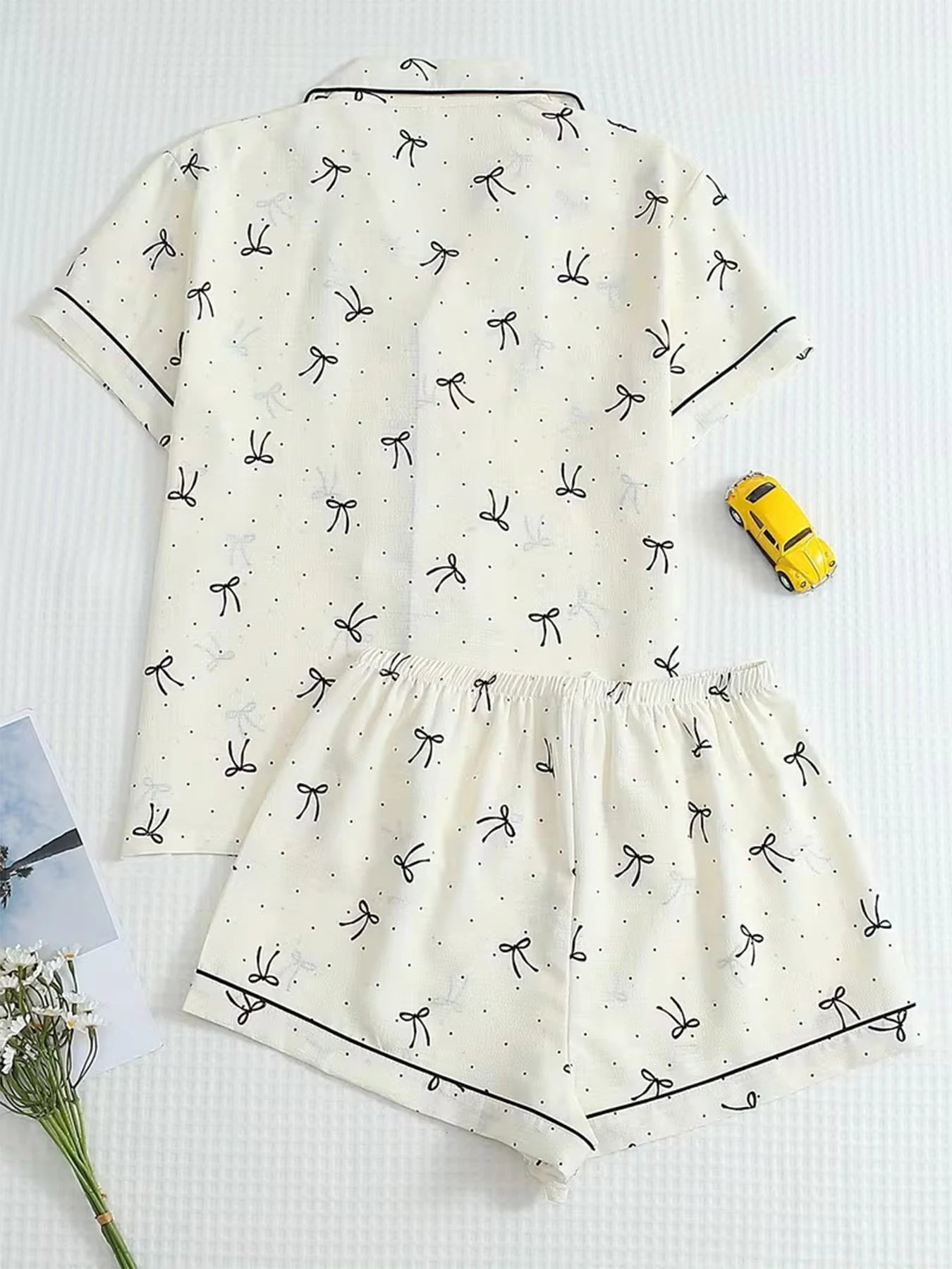 Loungewear Women Pajamas Cardigan Lapel Short Sleeve Shorts Two Piece Set Spring Summer Simple Cream Base Black Bow Polka Dot Lo