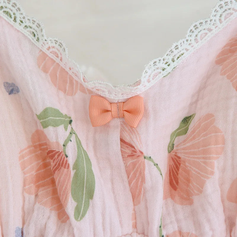 2026 New Summer Women's Pajama Set 100% Cotton Suspenders+Shorts with Chest Pads Two Piece Set of Ladies Flower Home Furnishings