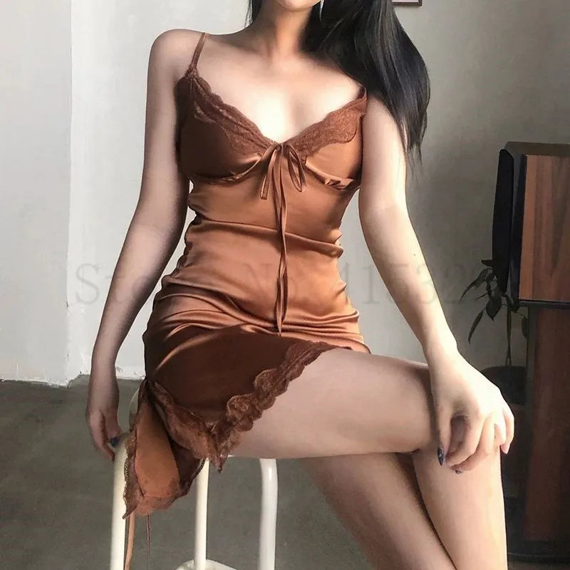 Print Flower Chemise Sleepwear Nightgown Short Summer Sexy Spaghetti Sling Homewear Satin Lace Patchwork Female Nightdress