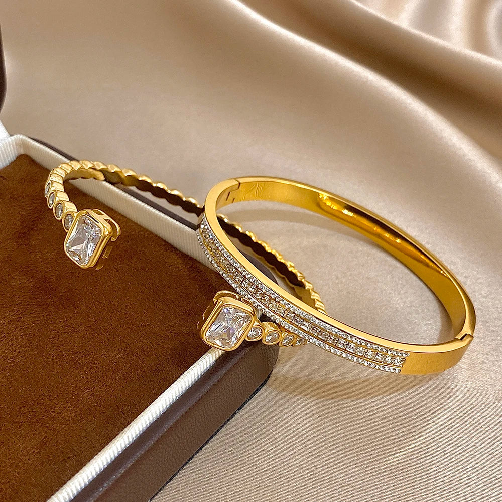 New Stainless Steel Waterproof Cuff Bracelet Bangle For Women Exquisite Shiny Inlaid Zircon Geometric Stacked Jewelry Gifts