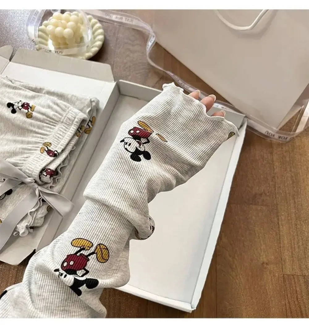 Potdemiel Mickey Women's Pajama Set Autumn, Korean Style Long Sleeve Loungewear, Premium Cotton Sleepwear with Pants