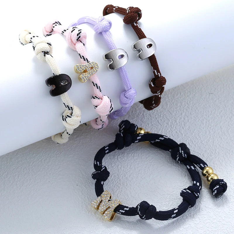 ZHUKOU Large/Small Size,Glossy/Zircon,Custom Letters A-Z Colorful Braided Bracelet with Drawstring Adjustment Unisex Style 1 Pc
