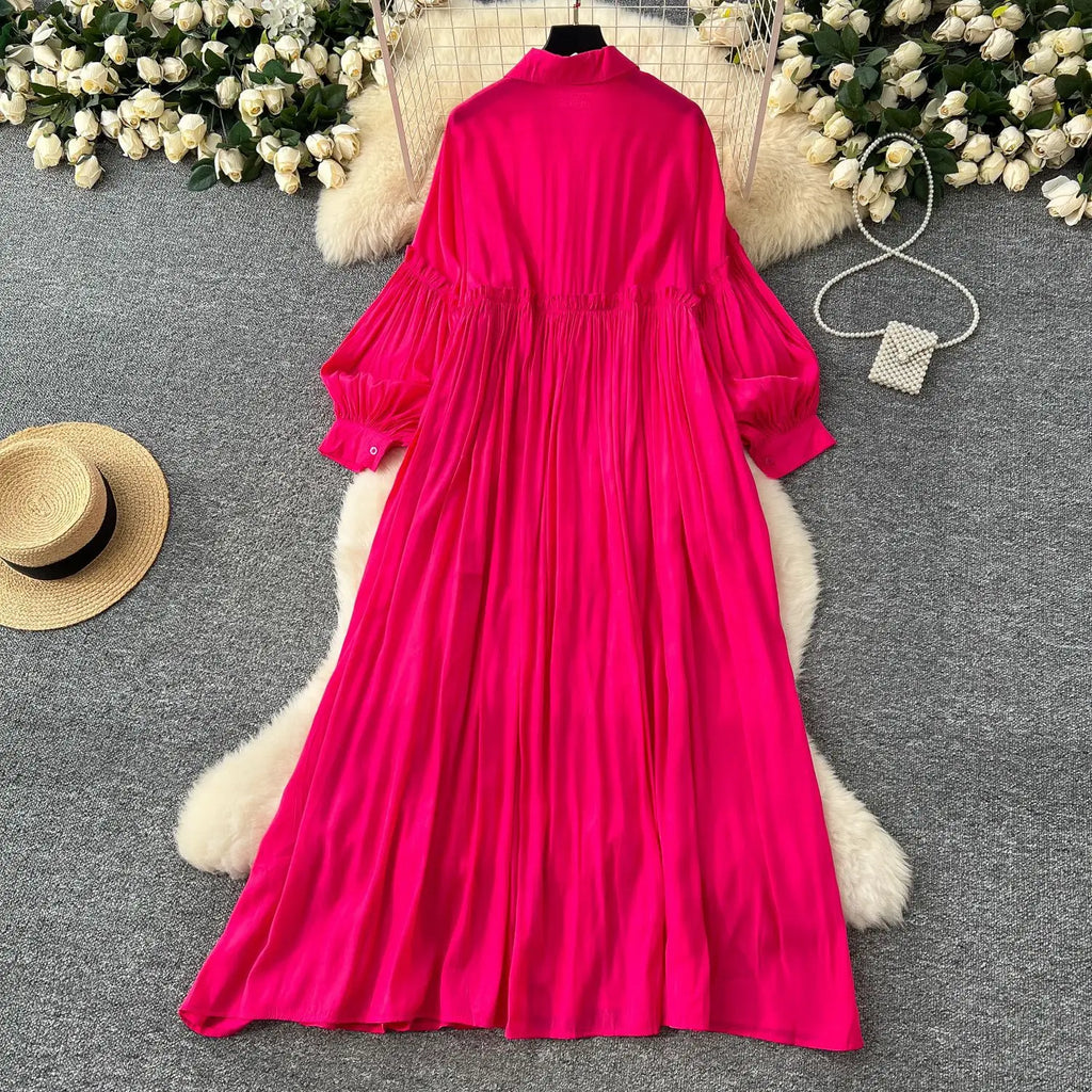 Pleated Dress Women Long Dresses A Line Vestidos Streetwear Lantern Sleeve Elegant Splice Y2k Single Breasted Loose Summer 2025