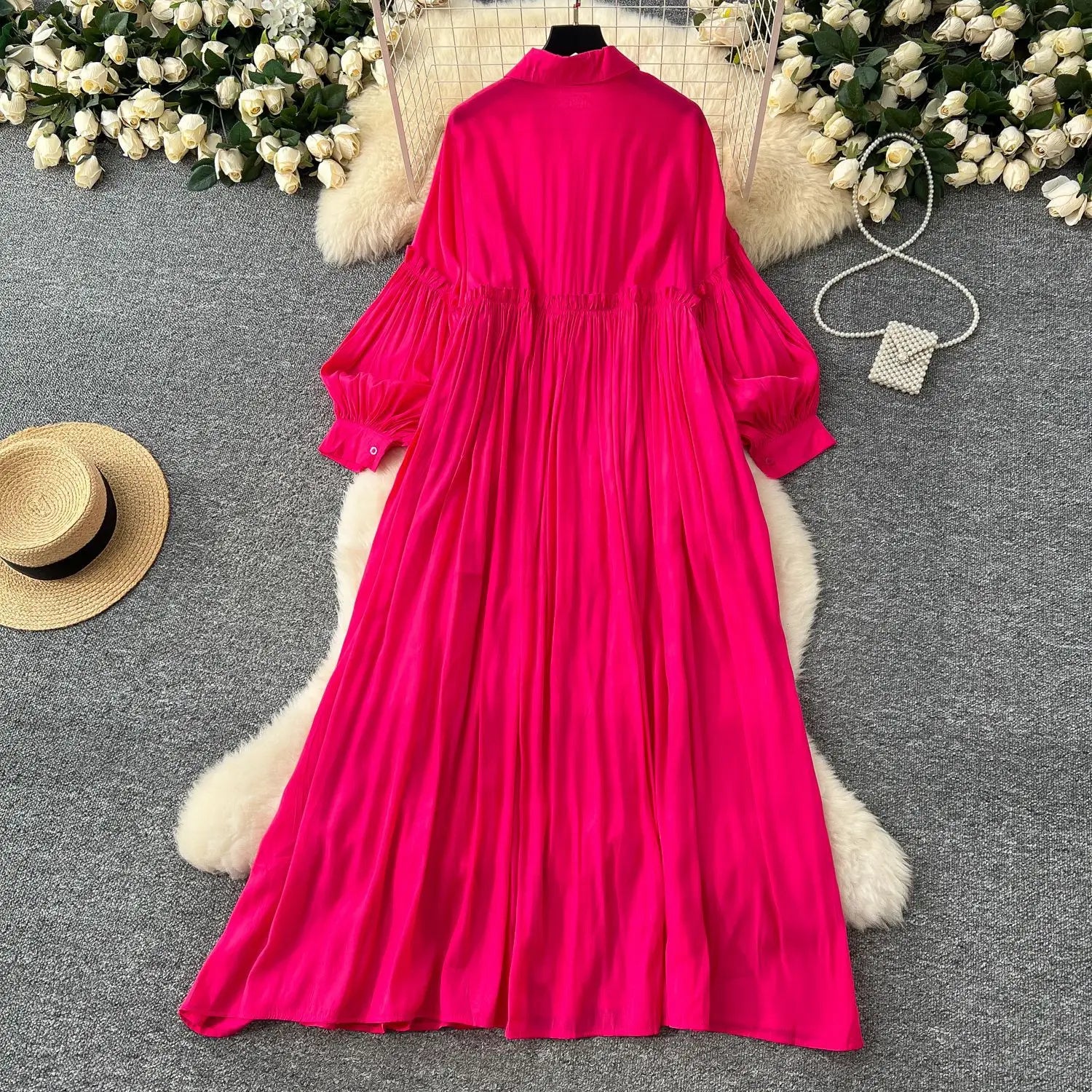 Pleated Dress Women Long Dresses A Line Vestidos Streetwear Lantern Sleeve Elegant Splice Y2k Single Breasted Loose Summer 2025