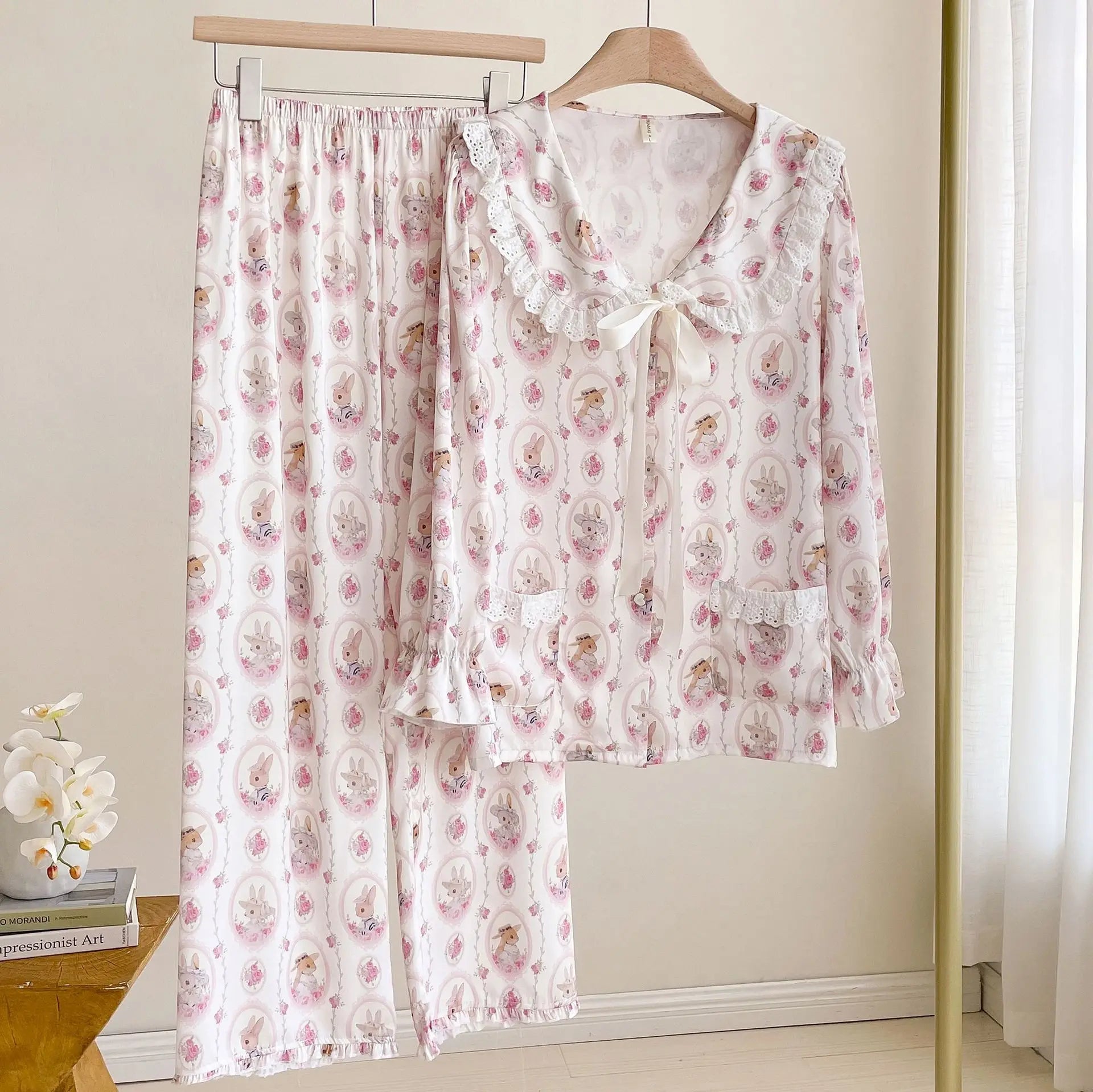 Long Sleeve 2PCS Pjs Trouser Suits Sweet Cute Print Cartoon Sleepwear Pyjama Pour Femme Spring Autumn New Satin Home Clothes