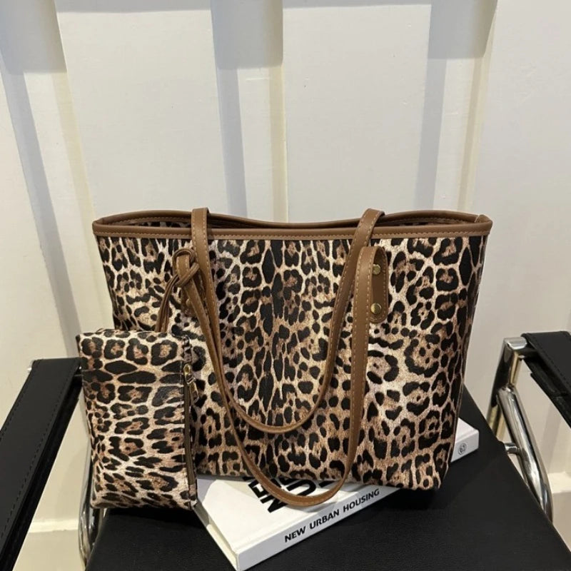 Women's Leopard Print Tote bag Pu Leather Underarm Bags Simple Casual Travel Shopping Bag Large Capacity Mother and Child Packag