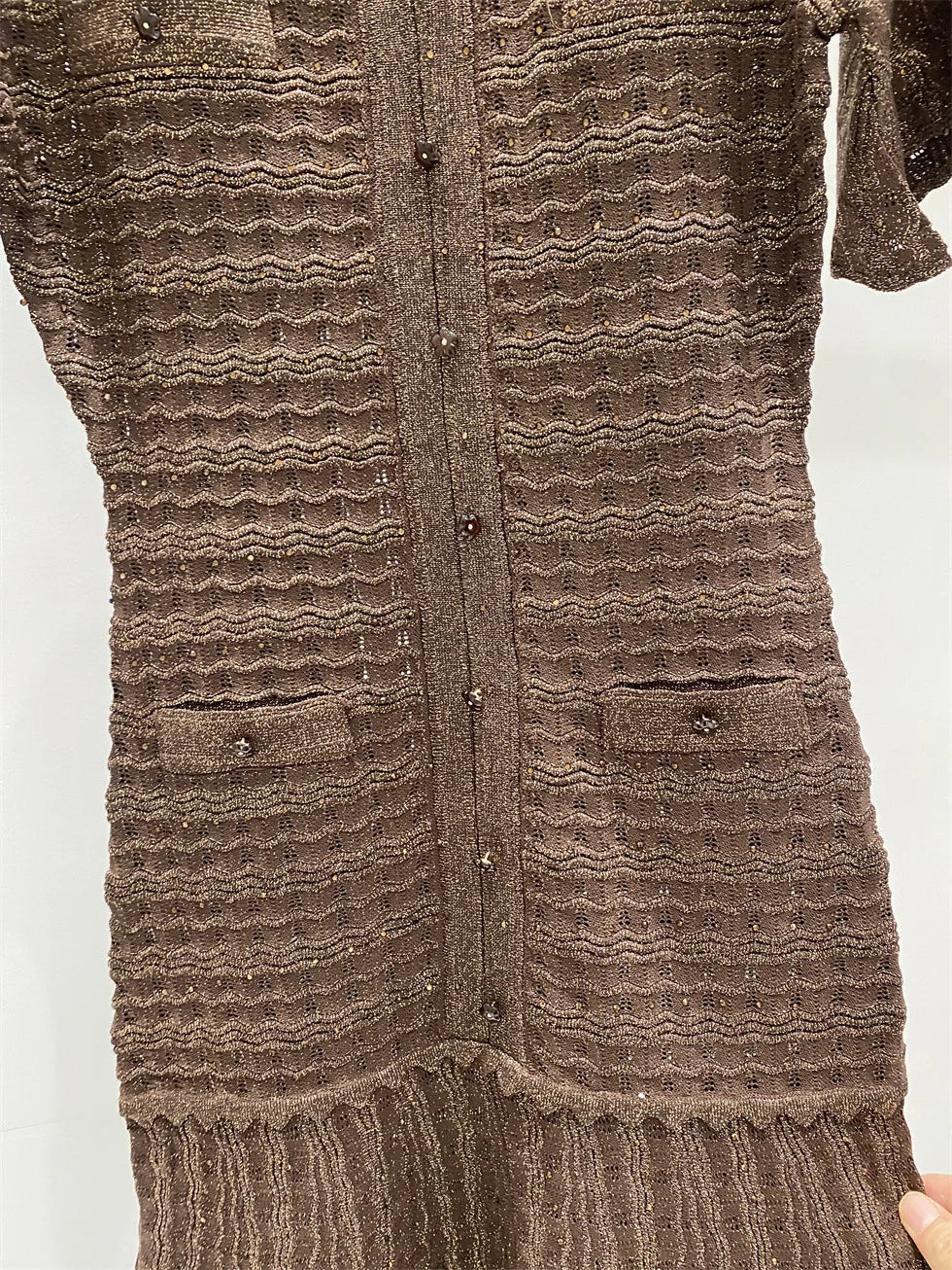 New summer single-breasted round neck knit crochet short-sleeved dress, high-quality and fashionable over-the-knee long skirt