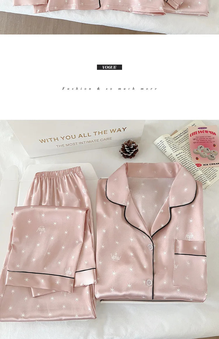 New Japanese-Style Sweet Girl Floral Print Ice Silk Pyjama Set Women's Spring/Autumn Long-Sleeved Top and Trousers Homewear Set